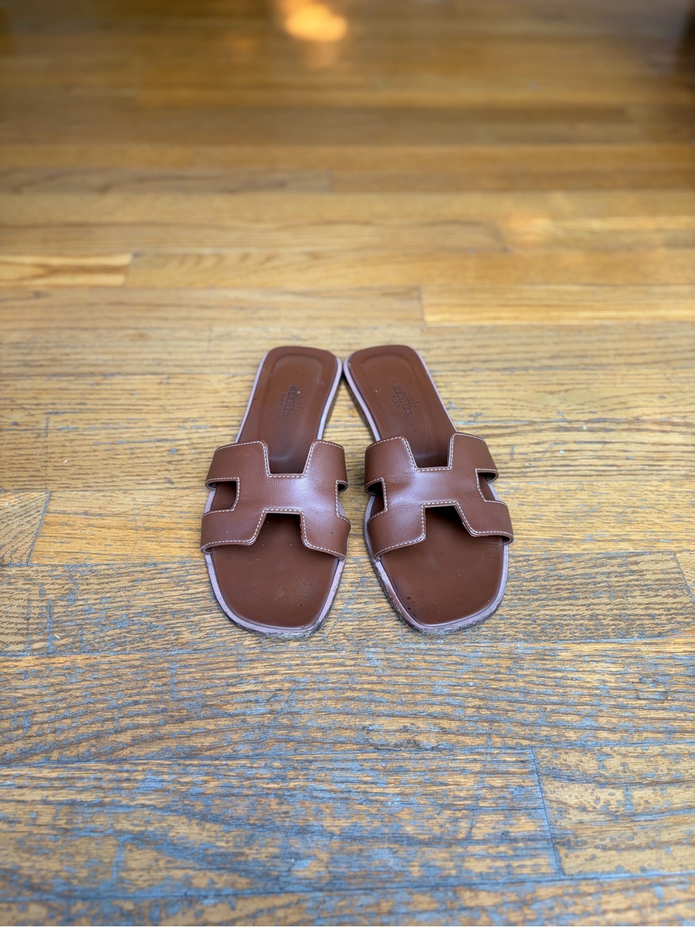 Hermes Brown Women's Leather Oran Slide Sandals - Picture 2 of 5